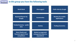 75
In this group you have the following tools
World Bank
Keyword Planner by
Google
Ubersuggest Public data by Google
Euromonitor
Markets for mobile
applications
Statista
Trendy Economy – public
data
Trading Economics
Store Checks and
financial reports from
competitors
Bottom up approach
using general data (i.e.
population)
 