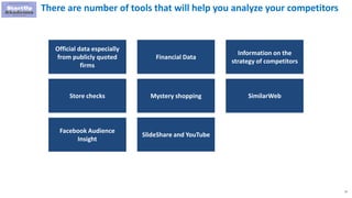 77
There are number of tools that will help you analyze your competitors
Official data especially
from publicly quoted
firms
Financial Data
Information on the
strategy of competitors
Store checks
SlideShare and YouTube
Facebook Audience
Insight
SimilarWebMystery shopping
 