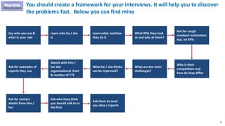 87
You should create a framework for your interviews. It will help you to discover
the problems fast. Below you can find mine
Say who you are &
what is your role
Learn who he / she
is
Learn what and how
they do it
What KPIs they look
at and why at them?
Ask for rough
numbers' estimation
esp. on KPIs
Who is their
competition and
how do they differ
Ask for examples of
reports they use
Sketch with him /
her the
organizational chart
& number of FTE
What he / she thinks
can be improved?
What are the main
challenges?
Ask for contact
details from him /
her
Ask who they think
you should talk to in
the firm
Ask them to send
you data / reports
 