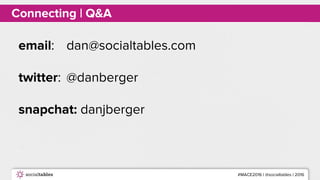 #MACE2016 | @socialtables | 2016
Connecting | Q&A
email: dan@socialtables.com
twitter: @danberger
snapchat: danjberger
 