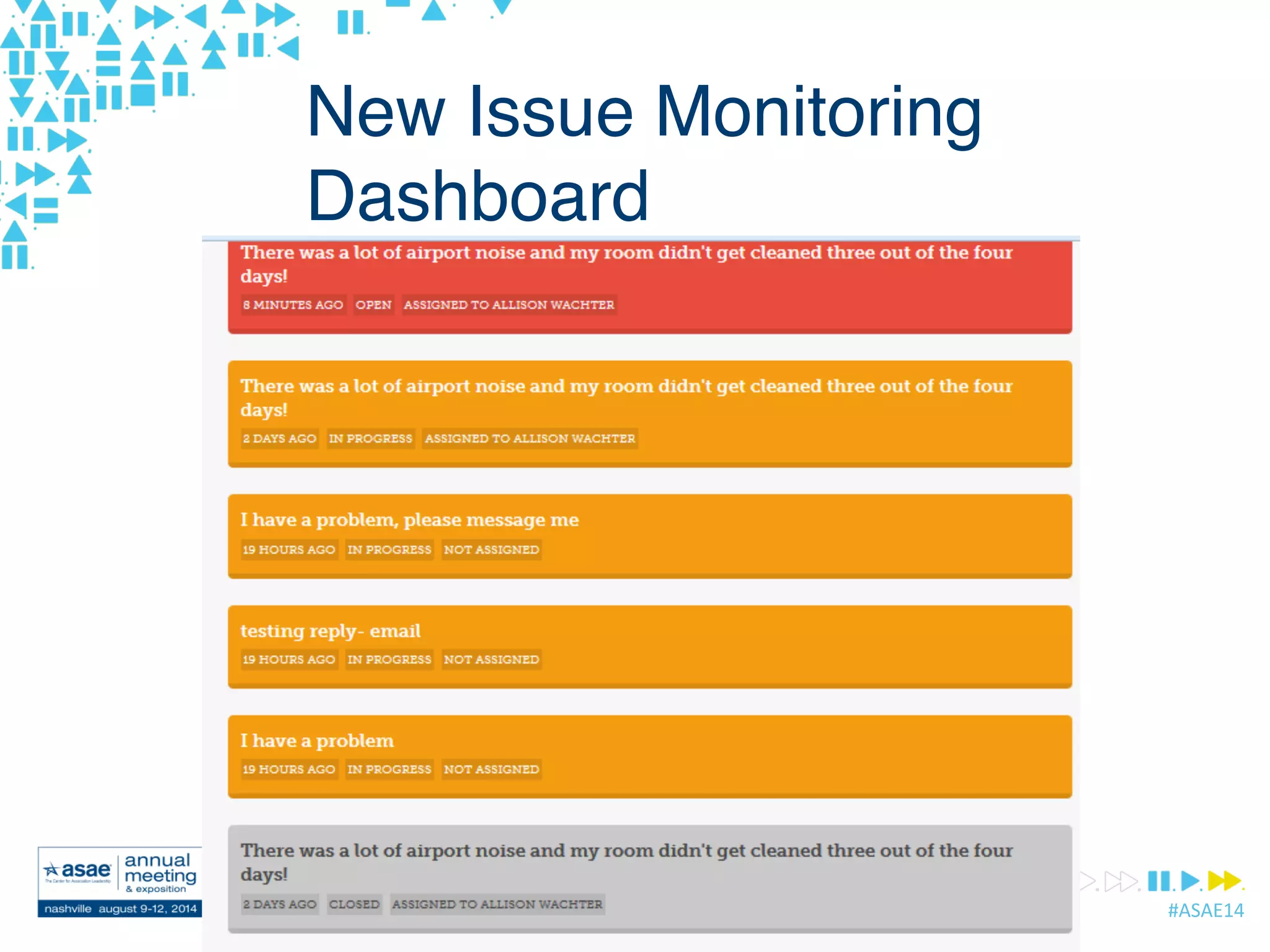 #ASAE14	
  
New Issue Monitoring
Dashboard
 