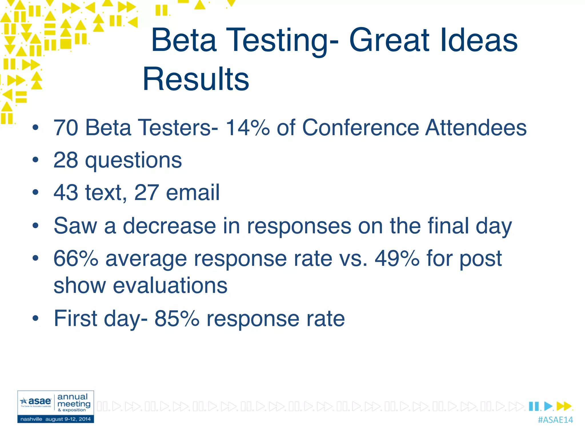 #ASAE14	
  
Beta Testing- Great Ideas
Results
•  70 Beta Testers- 14% of Conference Attendees
•  28 questions
•  43 text, 27 email
•  Saw a decrease in responses on the ﬁnal day
•  66% average response rate vs. 49% for post
show evaluations
•  First day- 85% response rate
 