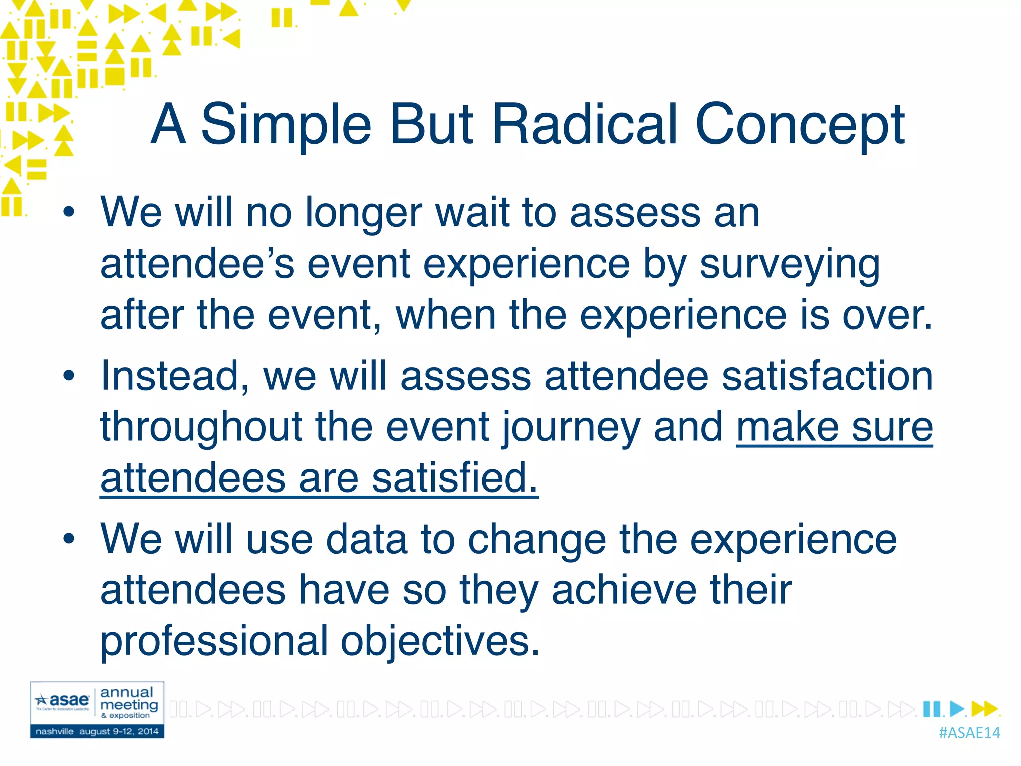 #ASAE14	
  
A Simple But Radical Concept
•  We will no longer wait to assess an
attendee’s event experience by surveying
after the event, when the experience is over.
•  Instead, we will assess attendee satisfaction
throughout the event journey and make sure
attendees are satisﬁed.
•  We will use data to change the experience
attendees have so they achieve their
professional objectives.
 