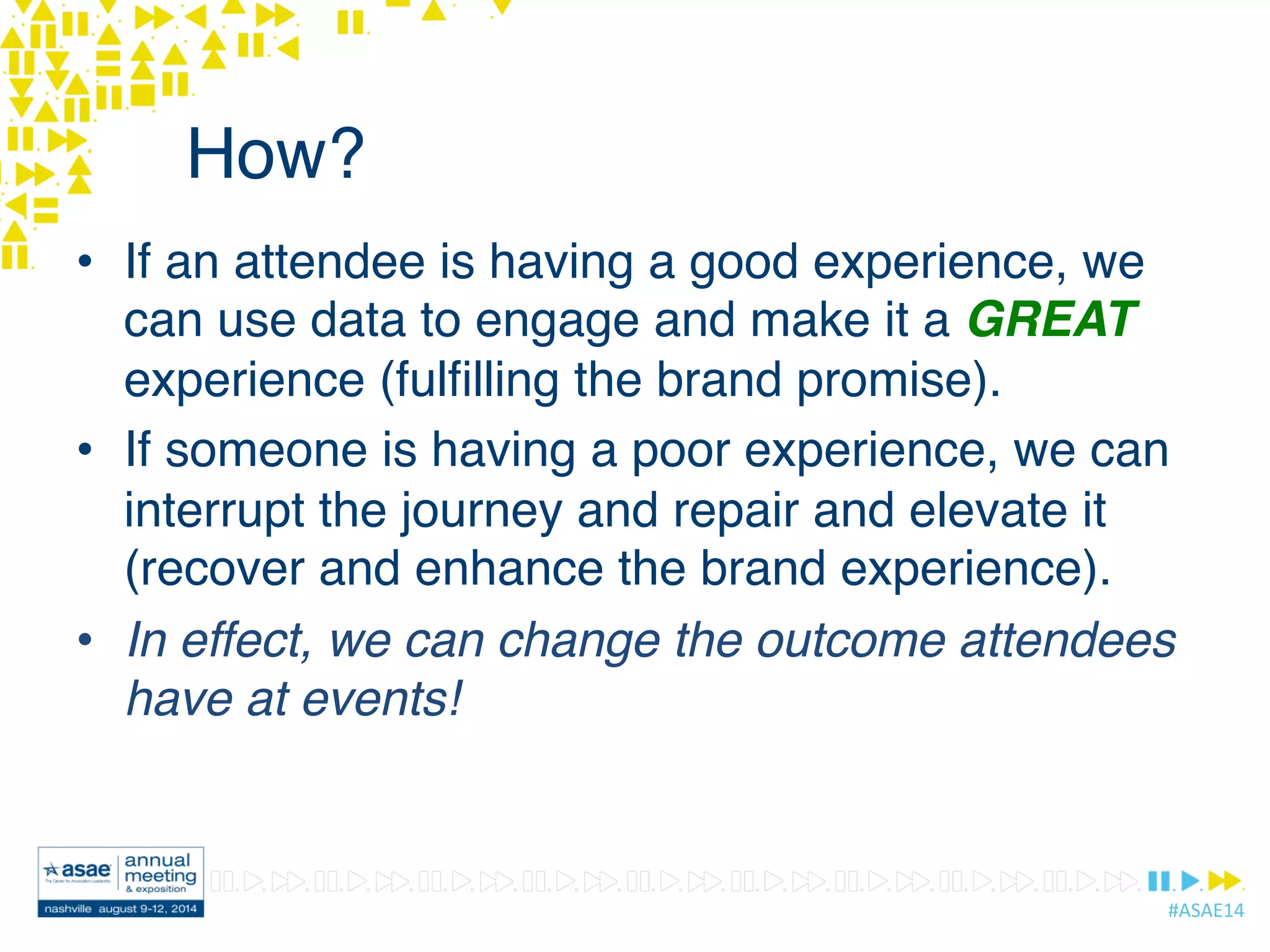 #ASAE14	
  
How?
•  If an attendee is having a good experience, we
can use data to engage and make it a GREAT
experience (fulﬁlling the brand promise).
•  If someone is having a poor experience, we can
interrupt the journey and repair and elevate it
(recover and enhance the brand experience).
•  In effect, we can change the outcome attendees
have at events!
 