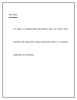 New idea:




  - To make a computerized micrometer that can freely move




    beneath the beam/rod using mechanical device to measure




    deflection in each point.
 