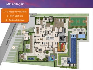 18/09/2013 62
IMPLANTAÇÃO
1
2
3
1 – 9 Vagas de Visitantes
2 – Port Coch`ere
3 – Pórtico Principal
 