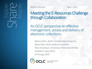 NASIG Conference May 2, 2014
MeetingtheE-ResourcesChallenge
throughCollaboration
AnOCLCperspective oneffective
management,accessanddelivery of
electroniccollections
Maria Collins, North Carolina State University
Dawn Hale, Johns Hopkins University
Rene Erlandson, University of Nebraska Omaha
Andrew K. Pace, OCLC
Jill Fluvog, OCLC
 