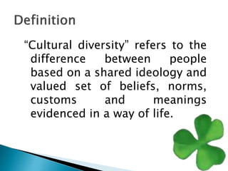 “Cultural diversity” refers to the
difference between people
based on a shared ideology and
valued set of beliefs, norms,
customs and meanings
evidenced in a way of life.
 