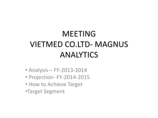 MEETING
VIETMED CO.LTD- MAGNUS
ANALYTICS
• Analysis – FY-2013-2014
• Projection- FY-2014-2015
• How to Achieve Target
•Target Segment
 
