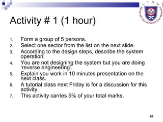Activity # 1 (1 hour) Form a group of 5 persons. Select one sector from the list on the next slide. According to the design steps, describe the system operation. You are not designing the system but you are doing ‘reverse engineering’. Explain you work in 10 minutes presentation on the next class. A tutorial class next Friday is for a discussion for this activity. This activity carries 5% of your total marks. 