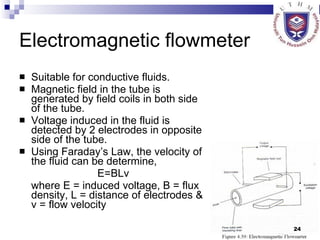 Electromagnetic flowmeter Suitable for conductive fluids. Magnetic field in the tube is generated by field coils in both side of the tube. Voltage induced in the fluid is detected by 2 electrodes in opposite side of the tube. Using Faraday’s Law, the velocity of the fluid can be determine,  E=BLv where E = induced voltage, B = flux density, L = distance of electrodes & v = flow velocity 