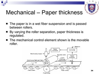 Mechanical – Paper thickness The paper is in a wet fiber suspension and is passed between rollers.  By varying the roller separation, paper thickness is regulated.  The mechanical control element shown is the movable roller.  