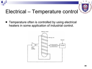 Electrical – Temperature control Temperature often is controlled by using electrical heaters in some application of industrial control.  