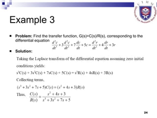 Example 3 Problem:  Find the transfer function, G(s)=C(s)/R(s), corresponding to the differential equation Solution: 