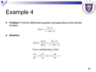 Example 4 Problem:  Find the differential equation corresponding to the transfer function, Solution: 
