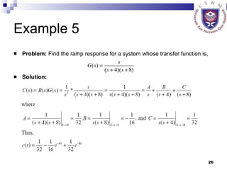 Example 5 Problem:  Find the ramp response for a system whose transfer function is, Solution: 