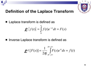 Definition of the Laplace Transform Laplace transform is defined as  Inverse Laplace transform is defined as L   L -1 