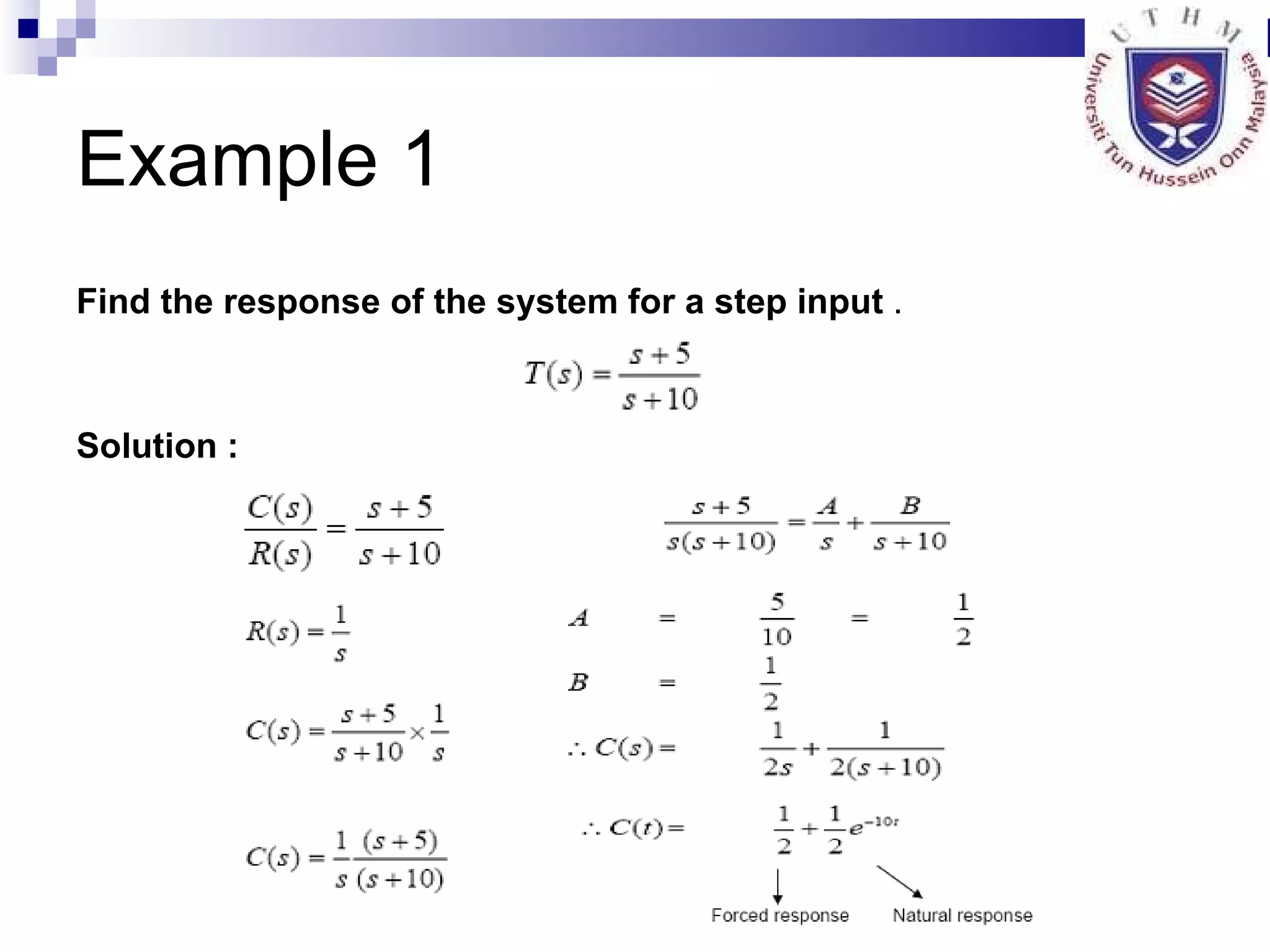 Example 1 Find the response of the system for a step input  . Solution : 
