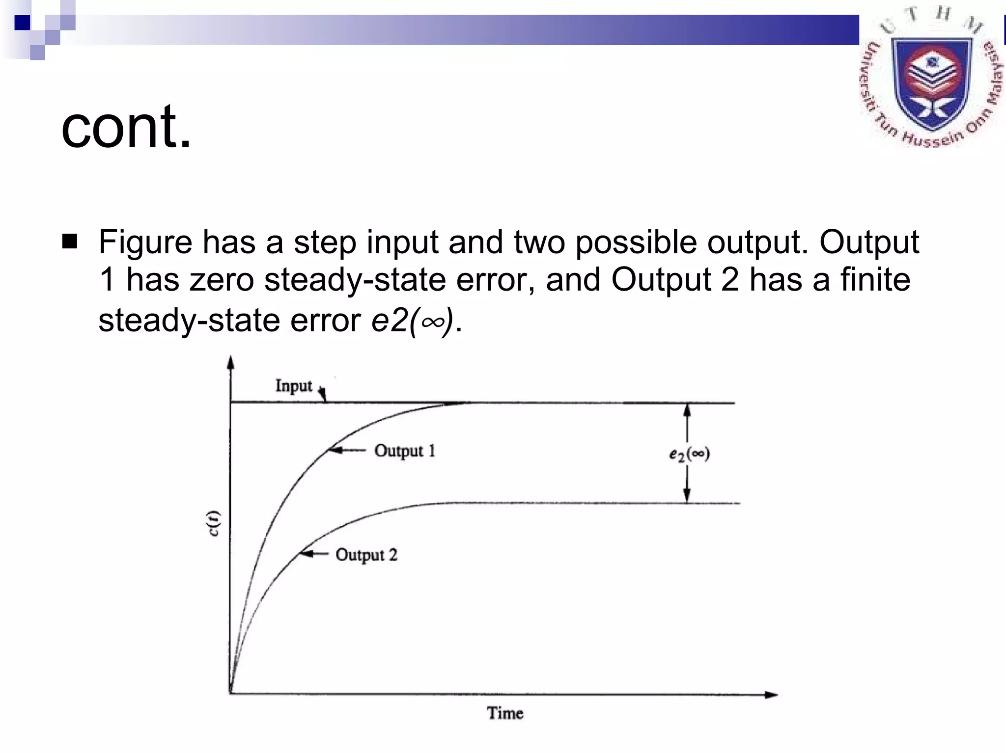 cont. Figure has a step input and two possible output. Output 1 has zero steady-state error, and Output 2 has a finite steady-state error  e2(  ) . 