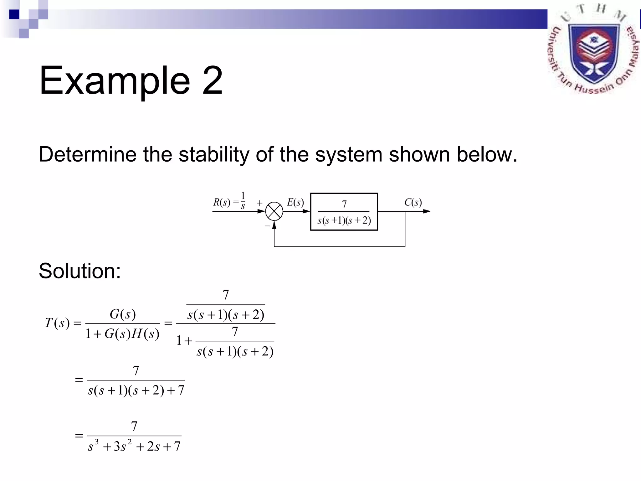 Example 2 Determine the stability of the system shown below. Solution: 