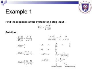 Example 1 Find the response of the system for a step input  . Solution : 