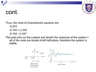 cont. Thus, the roots of characteristic equation are -2.672 -0.164 + j1.047 -0.164 - j1.047 Plot pole-zero on the s-plane and sketch the response of the system > all of the roots are locate at left half-plane, therefore the system is stable.  