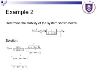 Example 2 Determine the stability of the system shown below. Solution: 
