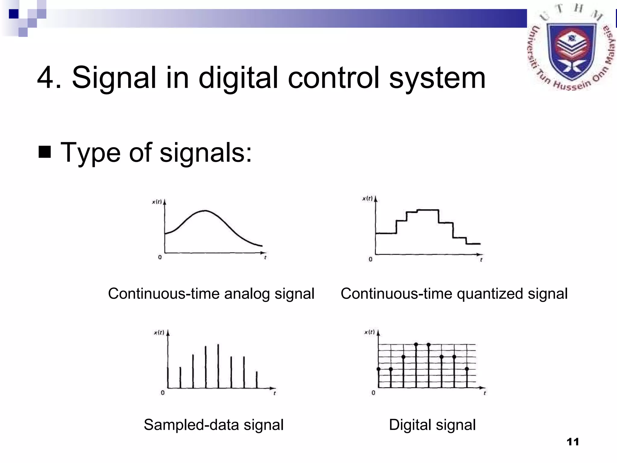 4. Signal in digital control system Type of signals: Continuous-time analog signal Continuous-time quantized signal Sampled-data signal Digital signal 
