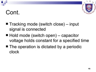 Cont. Tracking mode (switch close) – input signal is connected Hold mode (switch open) – capacitor voltage holds constant for a specified time The operation is dictated by a periodic clock 