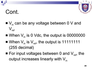 Cont. V in  can be any voltage between 0 V and V ref When V in  is 0 Vdc, the output is 00000000 When V in  is V ref , the output is 11111111 (255 decimal) For input voltages between 0 and V ref , the output increases linearly with V in   