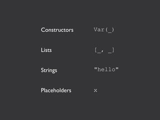 Constructors   Var(_)


Lists          [_, _]


Strings        "hello"


Placeholders   x
 