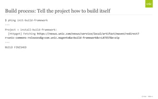 © Unic - Slide 17 
Build process: Tell the project how to build itself 
$ 
phing 
init-­‐build-­‐framework 
... 
Project 
> 
install-­‐build-­‐framework: 
[httpget] 
Fetching 
https://nexus.unic.com/nexus/service/local/artifact/maven/redirect? 
r=unic-­‐commons-­‐releases&g=com.unic.magento&a=build-­‐framework&v=LATEST&e=zip 
... 
BUILD 
FINISHED 
 