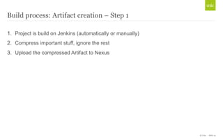 © Unic - Slide 19 
Build process: Artifact creation – Step 1 
1. Project is build on Jenkins (automatically or manually) 
2. Compress important stuff, ignore the rest 
3. Upload the compressed Artifact to Nexus 
 