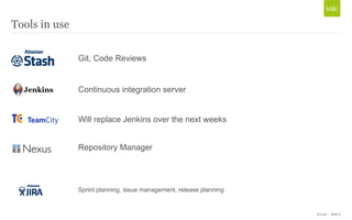 © Unic - Slide 8 
Tools in use 
Git, Code Reviews 
Continuous integration server 
Will replace Jenkins over the next weeks 
Repository Manager 
Sprint planning, issue management, release planning 
 