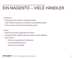 1430.01.2015 | Die besten Shops – Ein Warenkorb
EIN MAGENTO – VIELE HÄNDLER
eCommerce-Prozesse eines gemeinsamen Warenkorbs
Anforderung
• Produkte müssen Händlern zugeordnet werden
• Jeder Händler verfügt über sein eigenes Versandkostenmodel
• Orders müssen auf die Händler gesplittet werden
Lösung:
• Shipments als Orders gegenüber dem Shop
• Einziger Nachteil: Teillieferungen eines Shops schwer abbildbar
• Extra Logik für
• Retouren, basierend auf Creditmemos
• Versandkostenberechnung
• Abrechnung der Händler
 