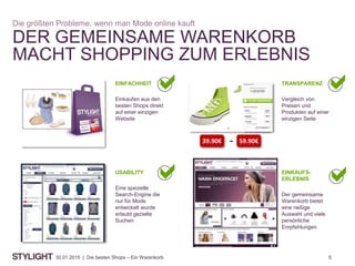 530.01.2015 | Die besten Shops – Ein Warenkorb
DER GEMEINSAME WARENKORB
MACHT SHOPPING ZUM ERLEBNIS
Die größten Probleme, wenn man Mode online kauft
TRANSPARENZ
Vergleich von
Preisen und
Produkten auf einer
einzigen Seite
EINFACHHEIT
Einkaufen aus den
besten Shops direkt
auf einer einzigen
Website
USABILITY
Eine spezielle
Search-Engine die
nur für Mode
entwickelt wurde
erlaubt gezielte
Suchen
EINKAUFS-
ERLEBNIS
Der gemeinsame
Warenkorb bietet
eine rießige
Auswahl und viele
persönliche
Empfehlungen
aa aa
aa aa
59.90€39.90€ -
 