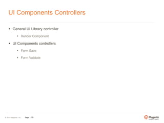 UI Components Controllers 
 General UI Library controller 
 Render Component 
 UI Components controllers 
 Form Save 
 Form Validate 
© 2014 Magento, Inc. Page | 19 
 