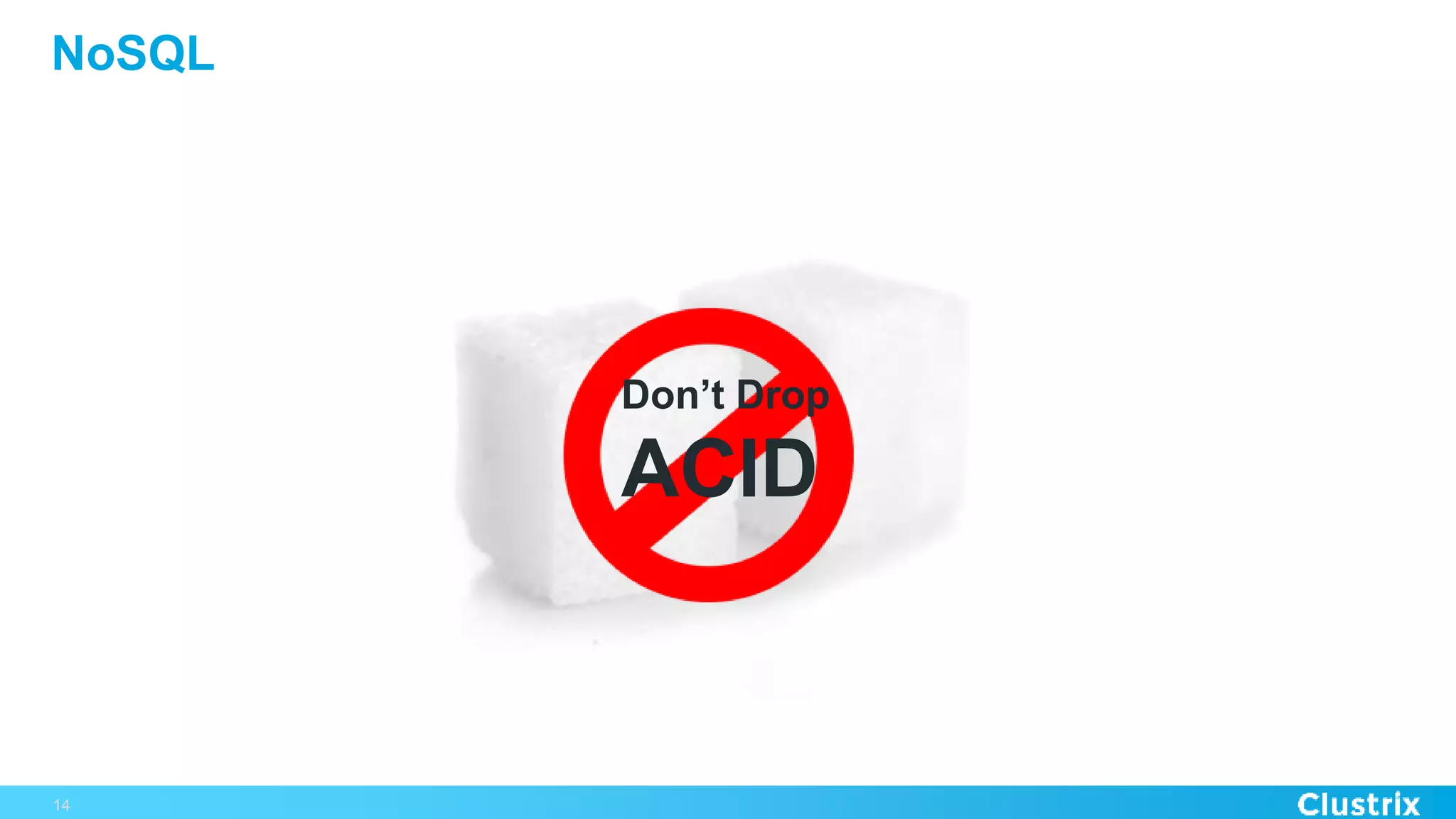 NoSQL
• Pros:
– Runs very fast in non-ACID mode
• Cons:
– Gains speed from short-cutting of ACID
– Commits before writing to disk
– No cross-document transactions
– NoSQL requires significant application
development to swap-out MySQL
14
ACID = Transaction and Data Safety
Report Card
MySQL Compatible
Improves Performance
Scales Reads In non-
ACID
mode
Scales Writes ✔
No Application Changes Limited
No Single Point of Failure
Don’t Drop
ACID
 