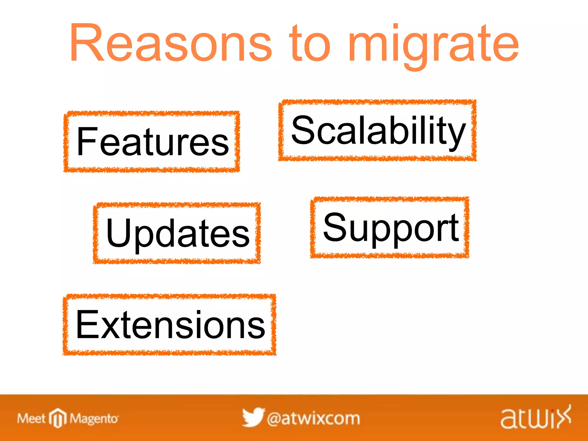 Reasons to migrate
Features     Scalability

 Updates      Support

Extensions
 