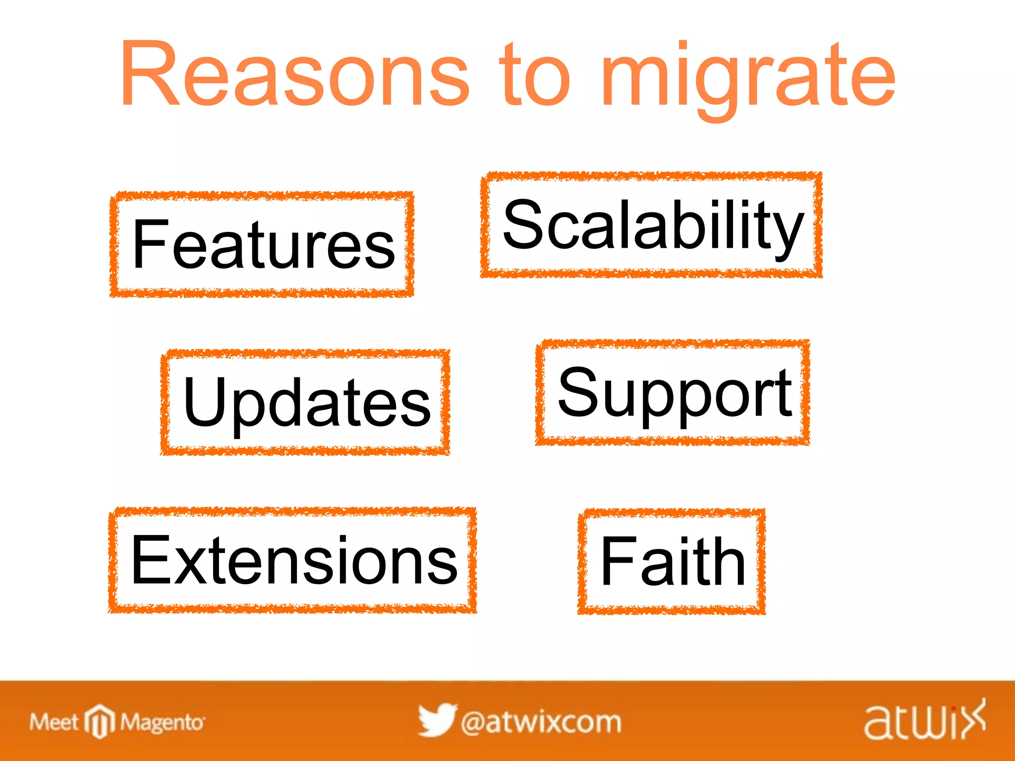 Reasons to migrate
Features     Scalability

 Updates      Support

Extensions      Faith
 