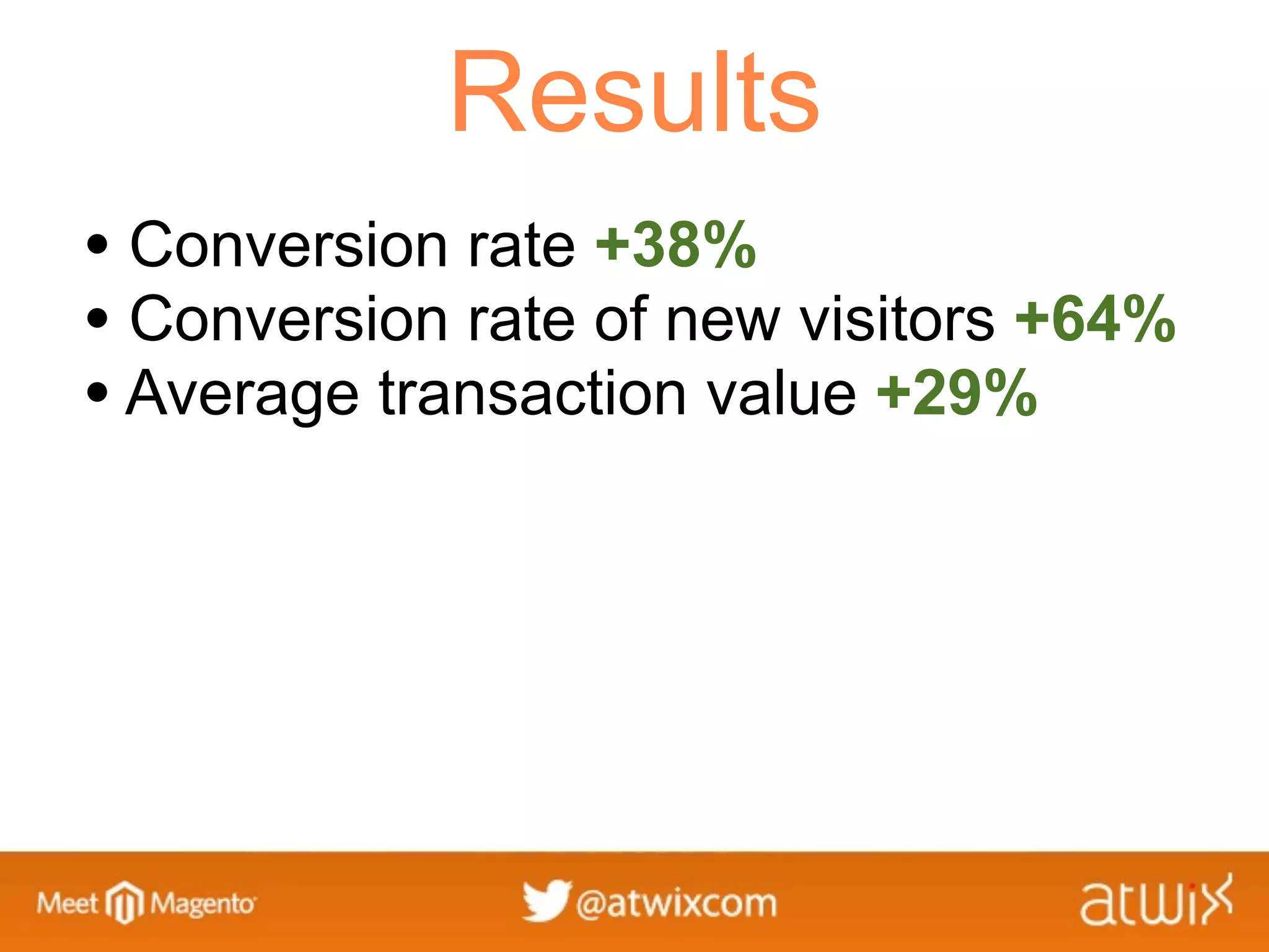 Results
• Conversion rate +38%
• Conversion rate of new visitors +64%
• Average transaction value +29%
 