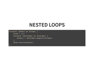 NESTED LOOPS
foreach ($data as $item) {
$row = [];
foreach ($columns as $column) {
$row[] = $column->export($item);
}
$csv->write($row);
}
 