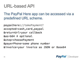 URL-based API
The PayPal Here app can be accessed via a
predefined URL scheme.




22
 