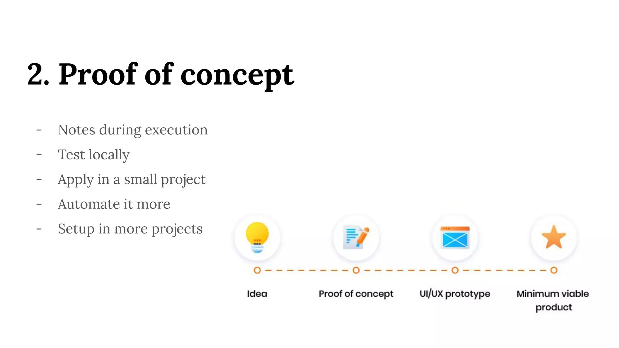 2. Proof of concept
- Notes during execution
- Test locally
- Apply in a small project
- Automate it more
- Setup in more projects
 