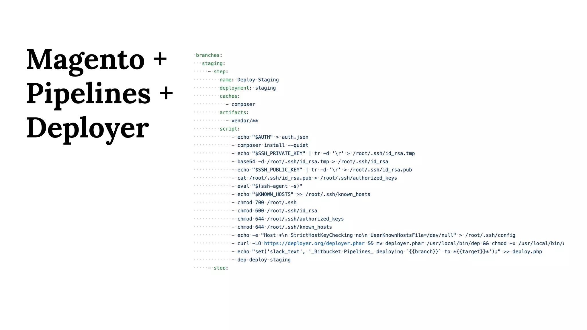 Magento +
Pipelines +
Deployer
 