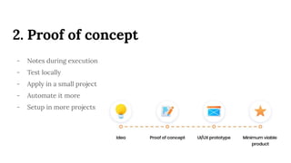 2. Proof of concept
- Notes during execution
- Test locally
- Apply in a small project
- Automate it more
- Setup in more projects
 