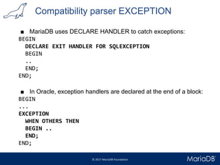 Compatibility parser EXCEPTION
■ MariaDB uses DECLARE HANDLER to catch exceptions:
BEGIN
DECLARE EXIT HANDLER FOR SQLEXCEPTION
BEGIN
..
END;
END;
■ In Oracle, exception handlers are declared at the end of a block:
BEGIN
...
EXCEPTION
WHEN OTHERS THEN
BEGIN ..
END;
END;
 