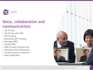 Voice, collaboration and
communications
•   XO IP Flex
•   XO IP Flex with VPN
•   SIP Trunking
•   Enterprise SIP Trunking
•   Managed SBC
•   Hosted PBX
•   Web & Audio Conferencing
•   Interactive Voice Response
•   Contact Center on Demand
•   Mass Notification




Copyright 2012. XO Communications, LLC. All rights reserved. XO, the XO design logo, and all related marks are registered trademarks of XO Communications.   7
 