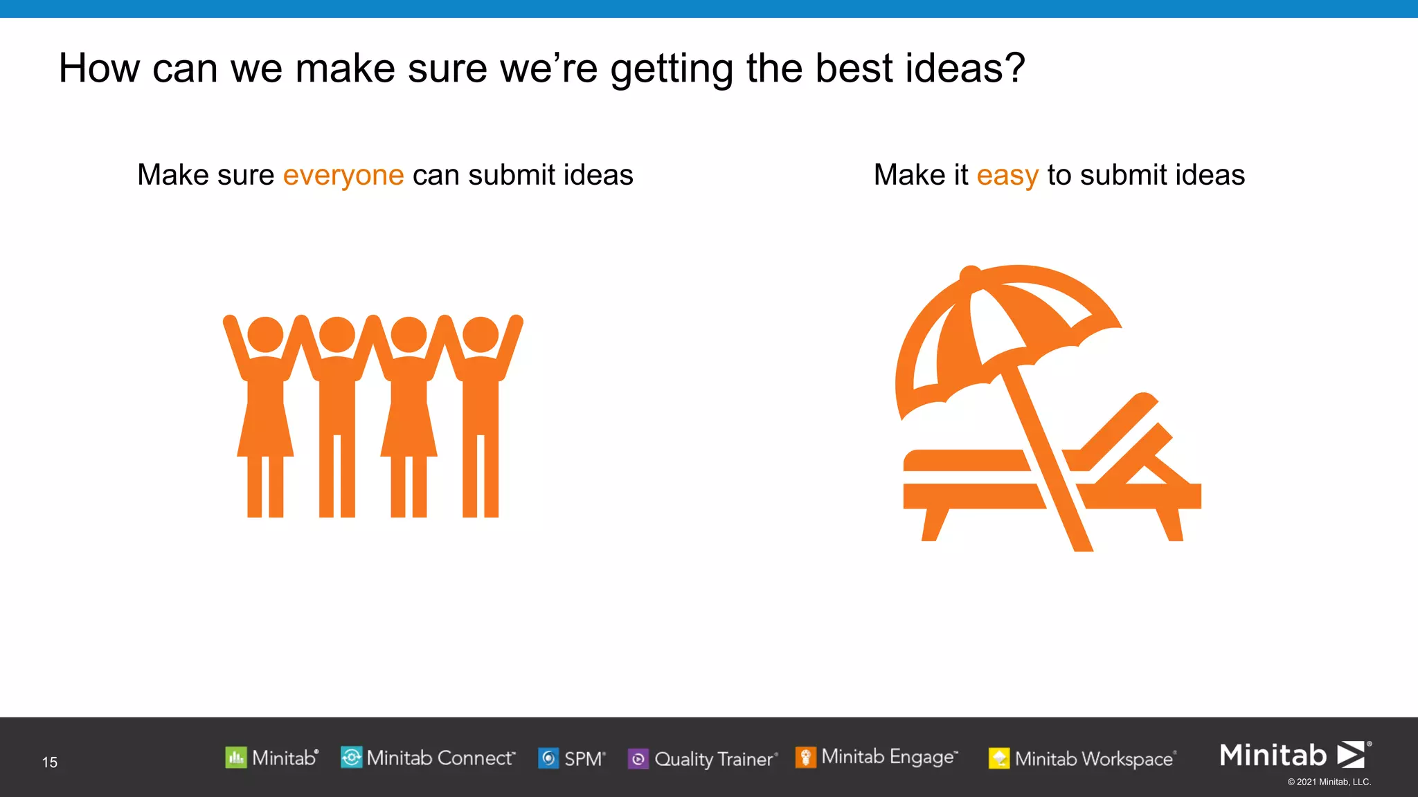 © 2021 Minitab, LLC.
How can we make sure we’re getting the best ideas?
Make sure everyone can submit ideas Make it easy to submit ideas
15
 
