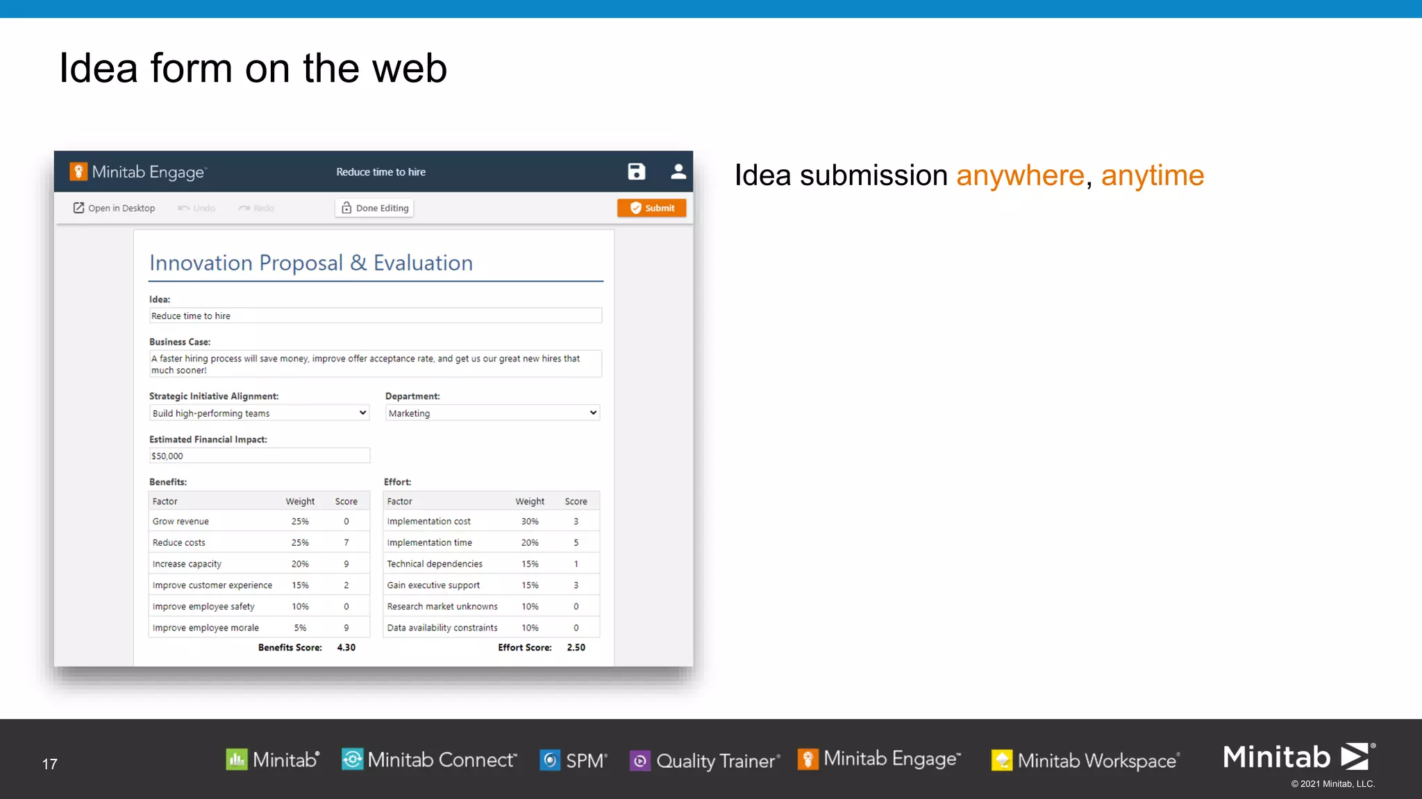 © 2021 Minitab, LLC.
Idea form on the web
Idea submission anywhere, anytime
17
 